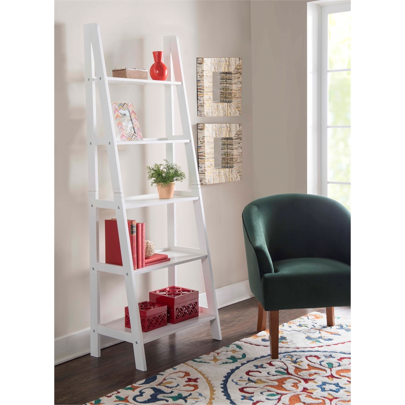 Riverbay Furniture 5-Shelf Transitional Wood Open Back Ladder Bookshelf in White