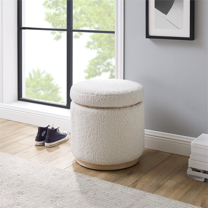 Riverbay Furniture Sherpa Fabric Natural Ottoman Round Multifunctional 18