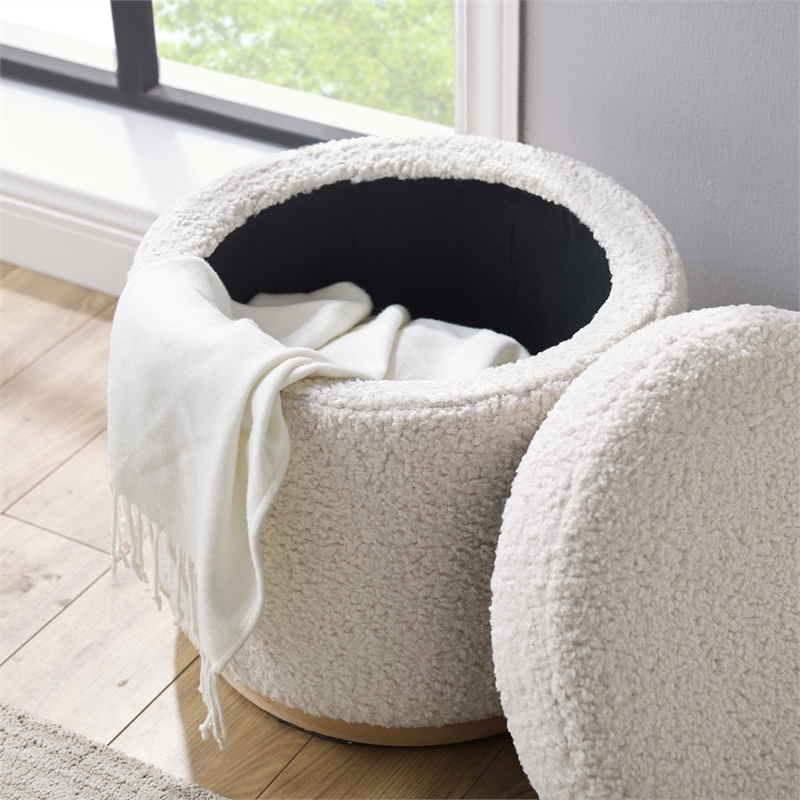 Riverbay Furniture Sherpa Fabric Natural Ottoman Round Multifunctional 18