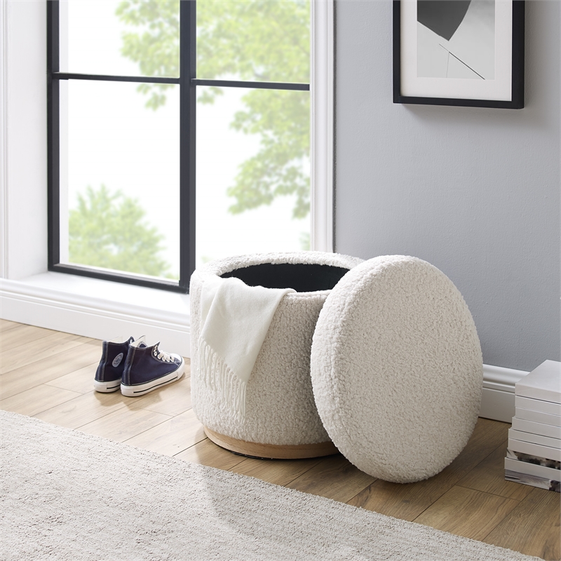 Riverbay Furniture Sherpa Fabric Natural Ottoman Round Multifunctional 18