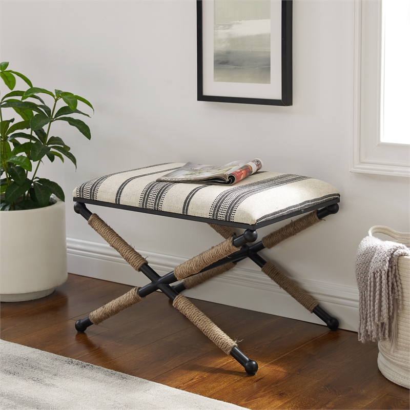 Riverbay Furniture Metal Black Accent Stool Rectangular Rope Detail 17.5