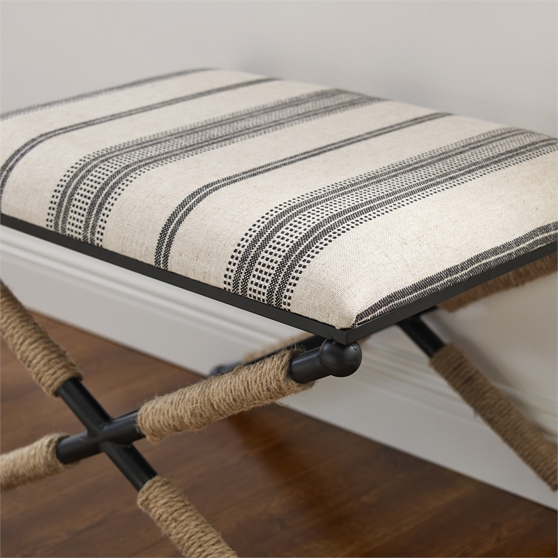 Riverbay Furniture Metal Black Accent Stool Rectangular Rope Detail 17.5