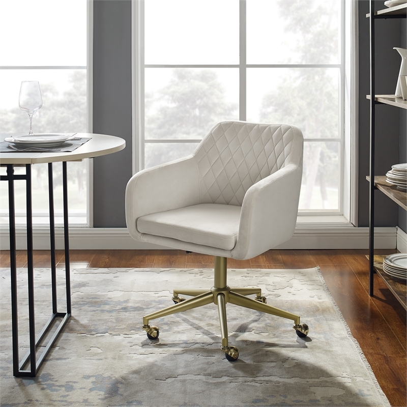 Riverbay Furniture Fabric & Metal Office Chair with Wheels in Off White/Gold