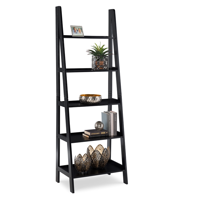 Riverbay Furniture 5-Shelf Transitional Wood Open Back Ladder Bookshelf in Black