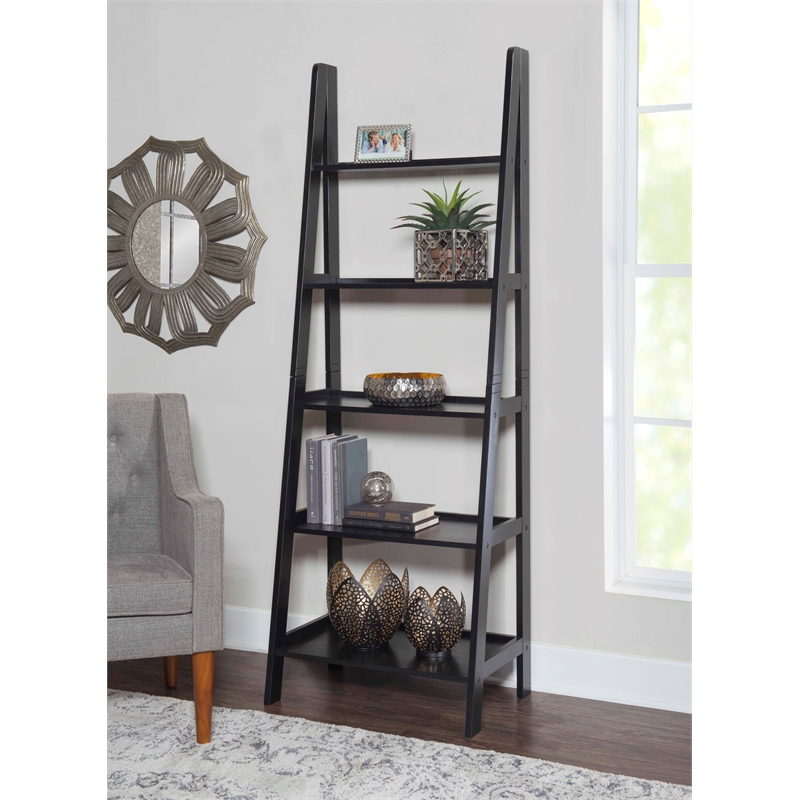 Riverbay Furniture 5-Shelf Transitional Wood Open Back Ladder Bookshelf in Black