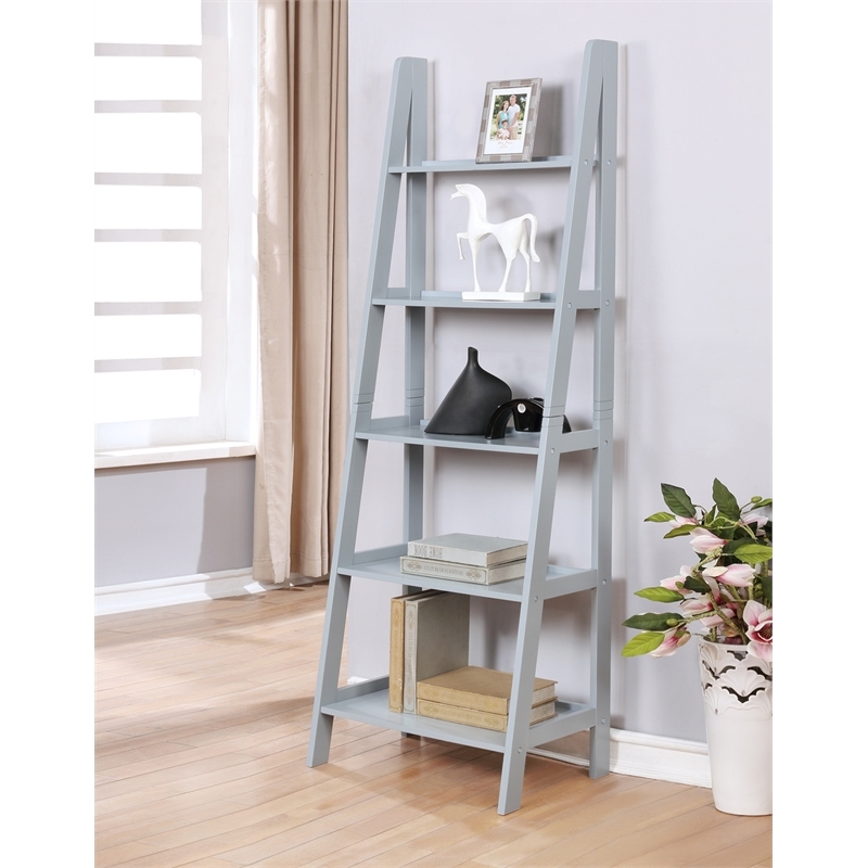 Riverbay Furniture 5-Shelf Transitional Wood Open Back Ladder Bookshelf in Gray