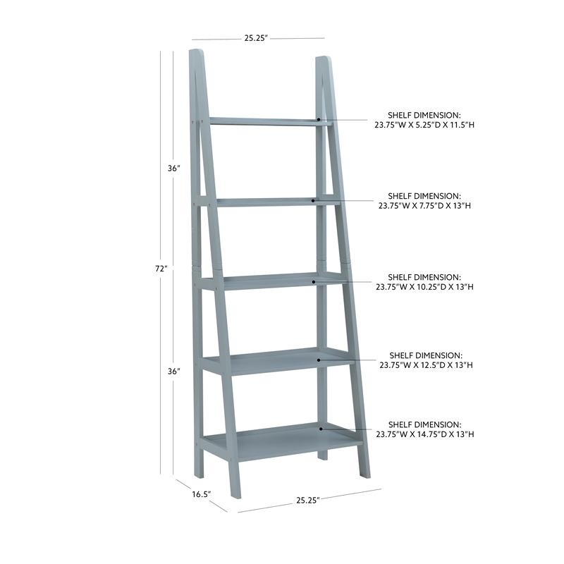 Riverbay Furniture 5-Shelf Transitional Wood Open Back Ladder Bookshelf in Gray