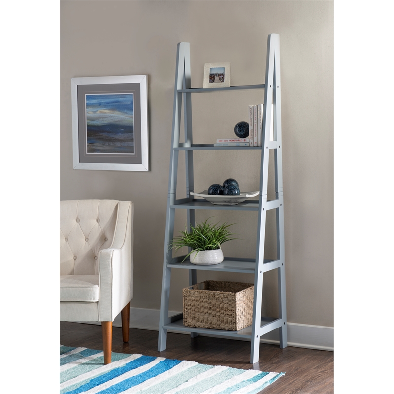 Riverbay Furniture 5-Shelf Transitional Wood Open Back Ladder Bookshelf in Gray