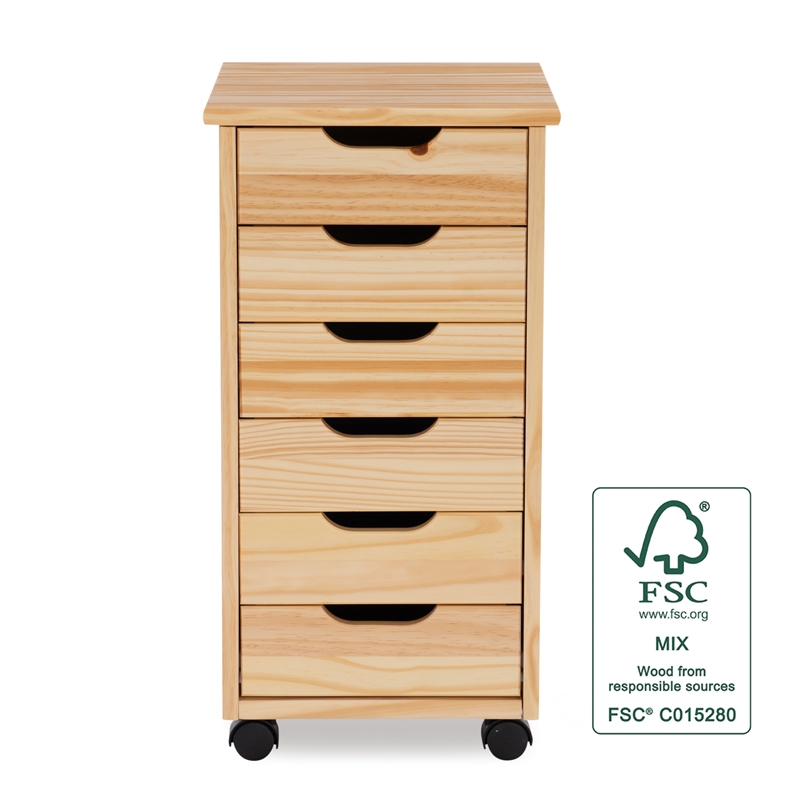 Riverbay Furniture Six Drawer Wood Rolling Storage Cart in Brown