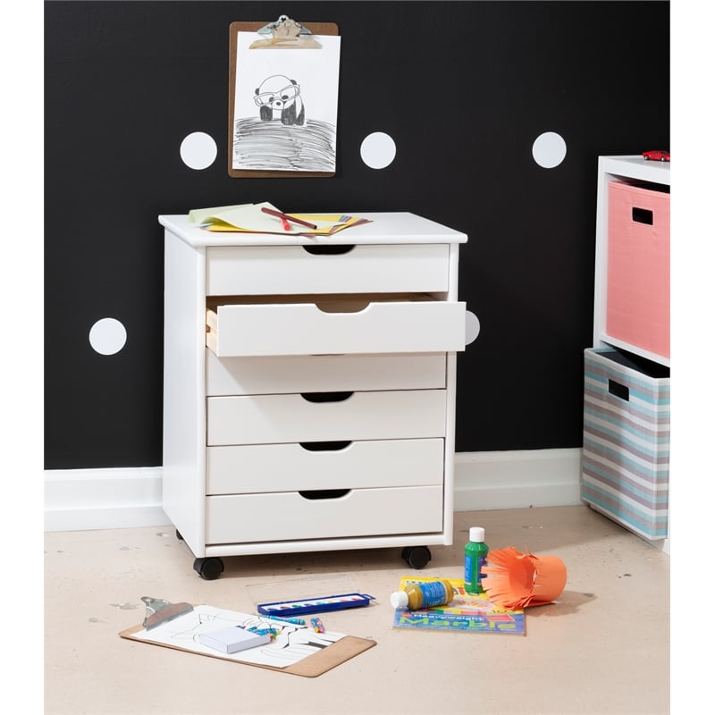 Riverbay Furniture Six Drawer Wide Wood Rolling Cart in White Wash
