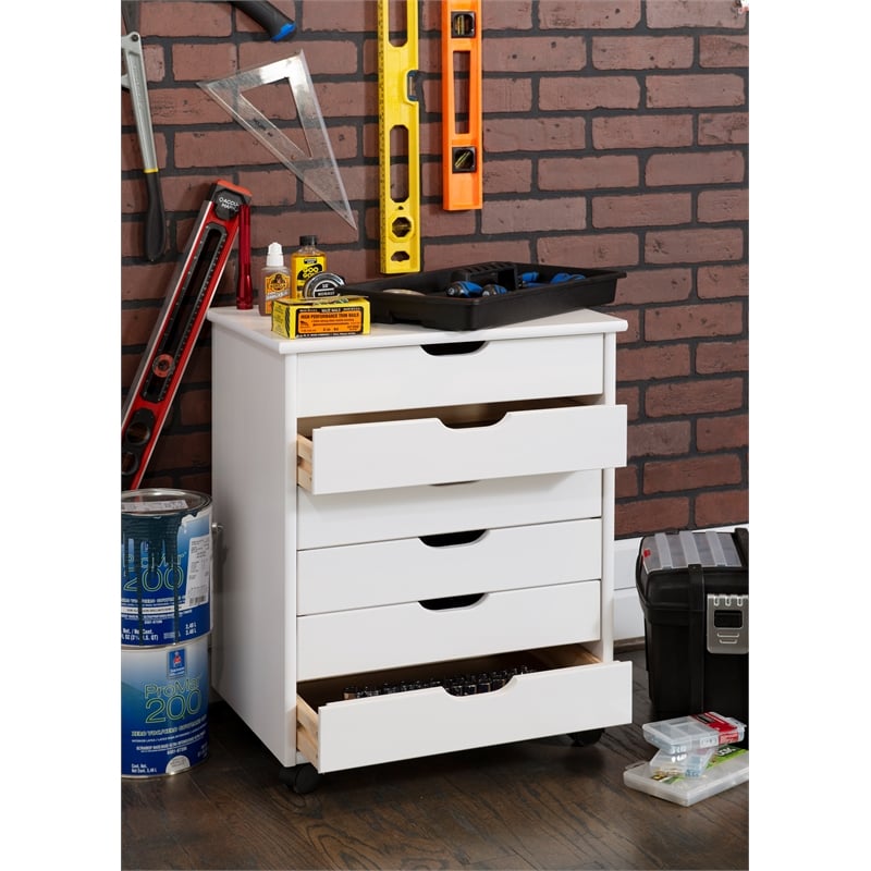Riverbay Furniture Six Drawer Wide Wood Rolling Cart in White Wash