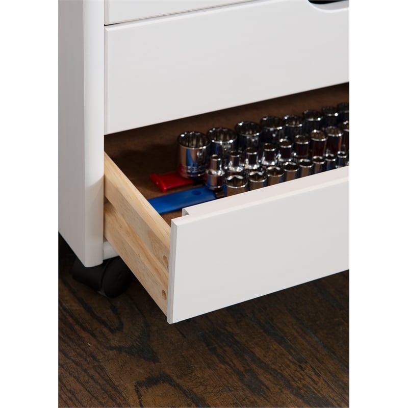 Riverbay Furniture Six Drawer Wide Wood Rolling Cart in White Wash