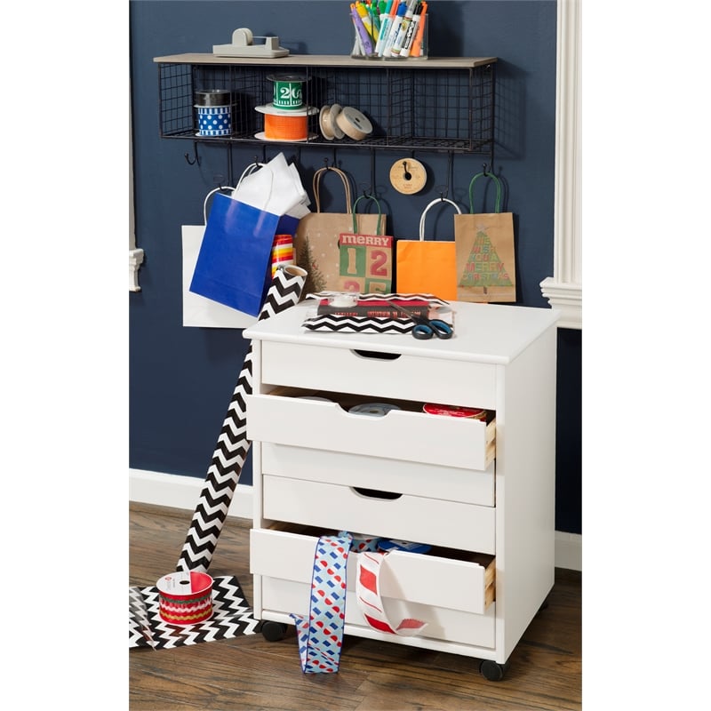 Riverbay Furniture Six Drawer Wide Wood Rolling Cart in White Wash