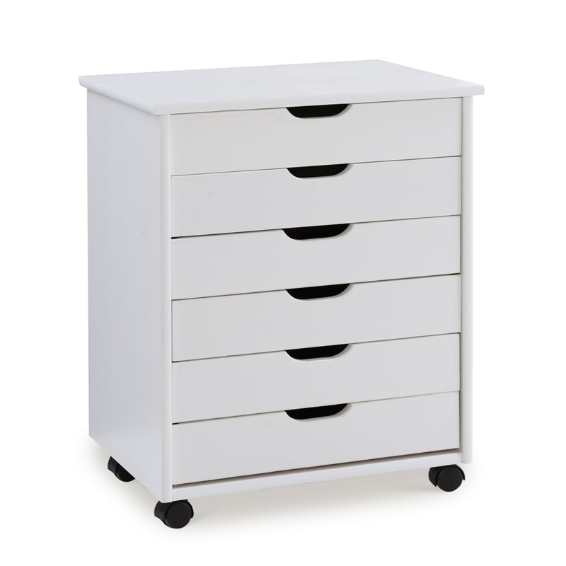 Riverbay Furniture Six Drawer Wide Wood Rolling Cart in White Wash