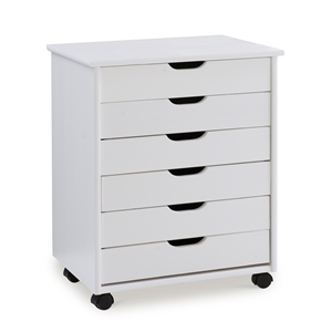 Riverbay Furniture Six Drawer Wide Wood Rolling Cart in White Wash