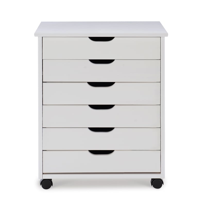 Riverbay Furniture Six Drawer Wide Wood Rolling Cart in White Wash