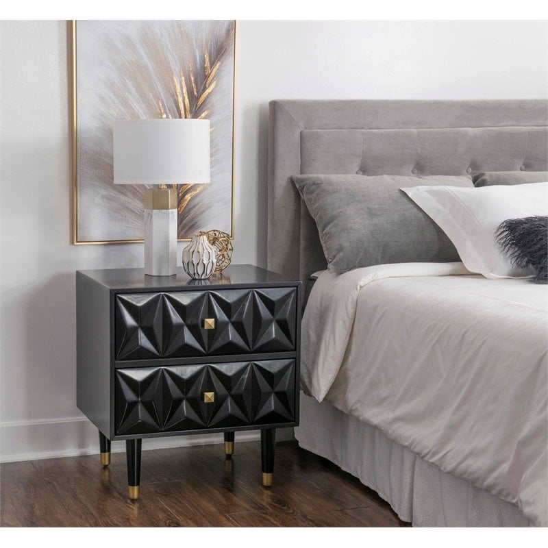 Riverbay Furniture Two Drawer Wood Geo Texture Nightstand in Black