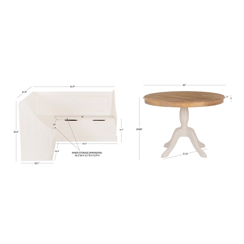 Riverbay Furniture Corner Storage Nook with 2Tone Round Table White/Natural Wood