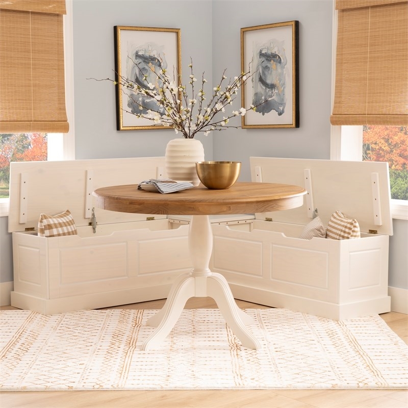 Riverbay Furniture Backless White Storage Nook and Round Table Natural Wood