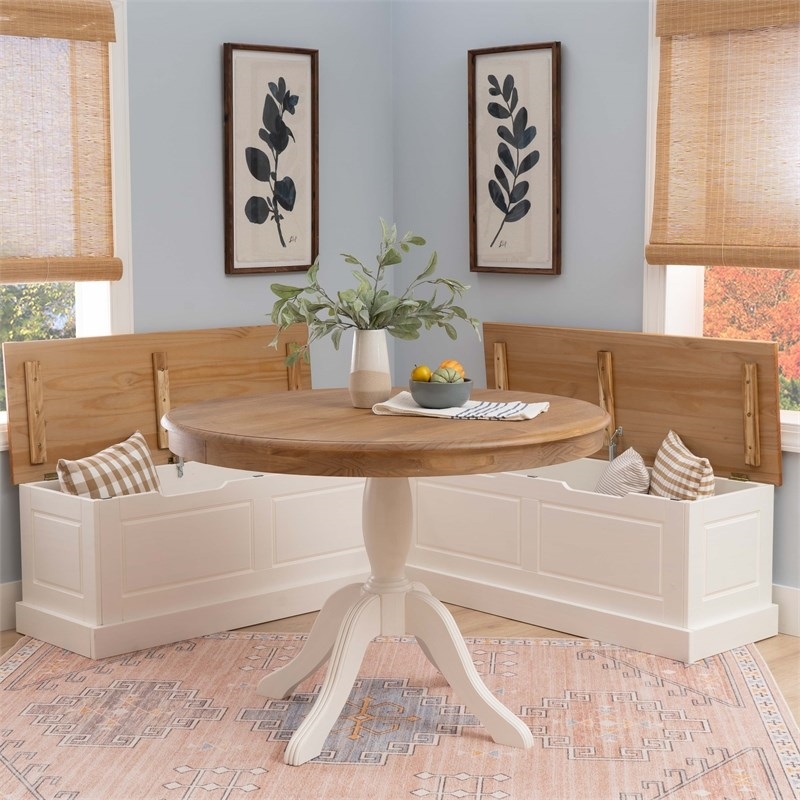 Riverbay Furniture Solid Wood White/Natural Dining Nook Set Round Hidden Storage 42