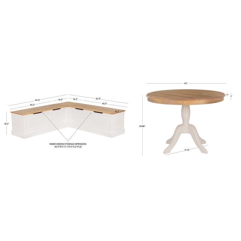 Riverbay Furniture Solid Wood White/Natural Dining Nook Set Round Hidden Storage 42