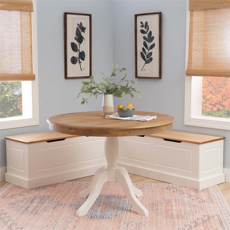 Riverbay Furniture Solid Wood White/Natural Dining Nook Set Round Hidden Storage 42