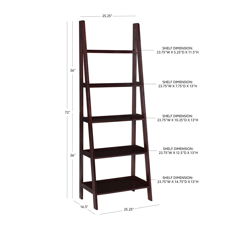 Riverbay Furniture 5 Shelf Wood Ladder Bookshelf Bookcase in Espresso