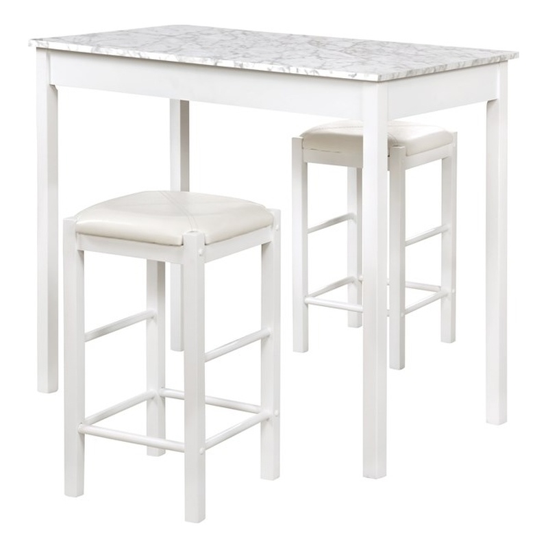 Riverbay Furniture Three Piece Wood Faux Marble Tavern Set in White