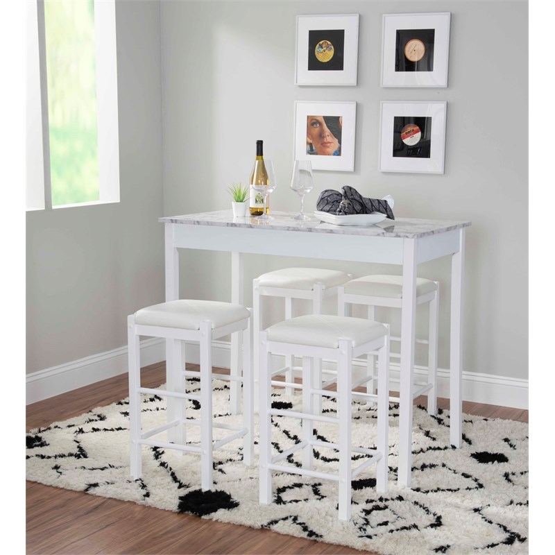 Riverbay Furniture Five Piece Wood Faux Marble Tavern Set in White