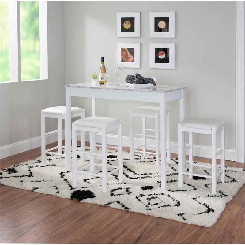 Riverbay Furniture Five Piece Wood Faux Marble Tavern Set in White