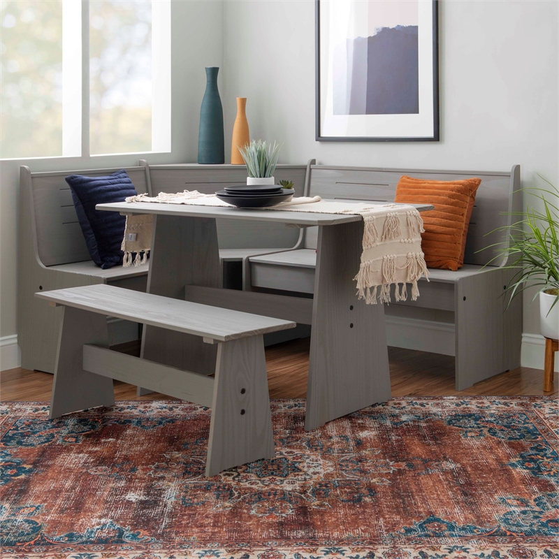 Riverbay Furniture Solid Pine Gray Dining Nook Set Corner Storage 63.75
