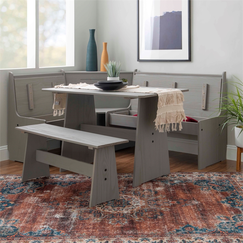 Riverbay Furniture Solid Pine Gray Dining Nook Set Corner Storage 63.75