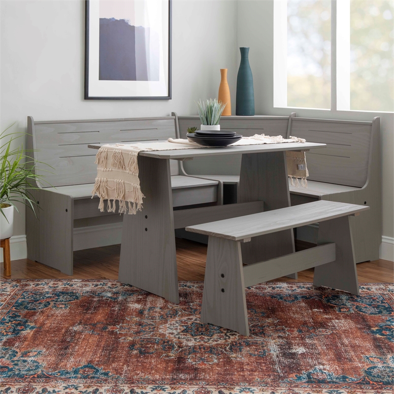Riverbay Furniture Solid Pine Gray Dining Nook Set Corner Storage 63.75