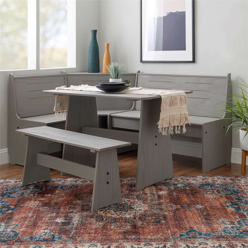 Riverbay Furniture Solid Pine Gray Dining Nook Set Corner Storage 63.75