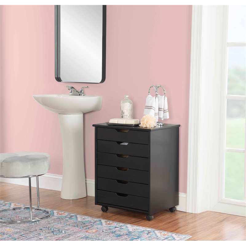 Riverbay Furniture Black Six Drawer Wood Rolling Storage Cart in Black