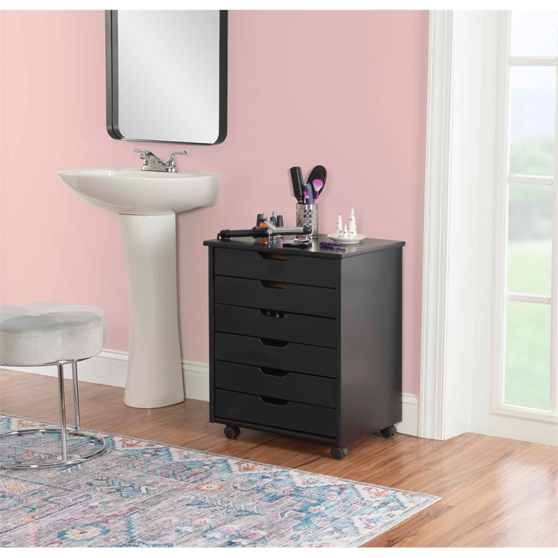 Riverbay Furniture Black Six Drawer Wood Rolling Storage Cart in Black