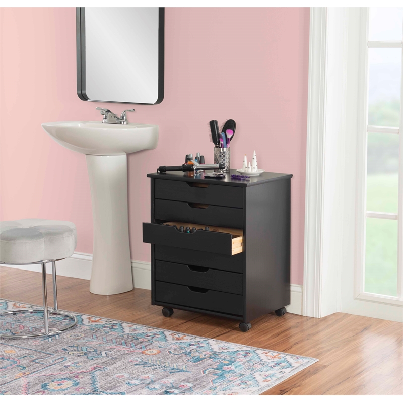 Riverbay Furniture Black Six Drawer Wood Rolling Storage Cart in Black