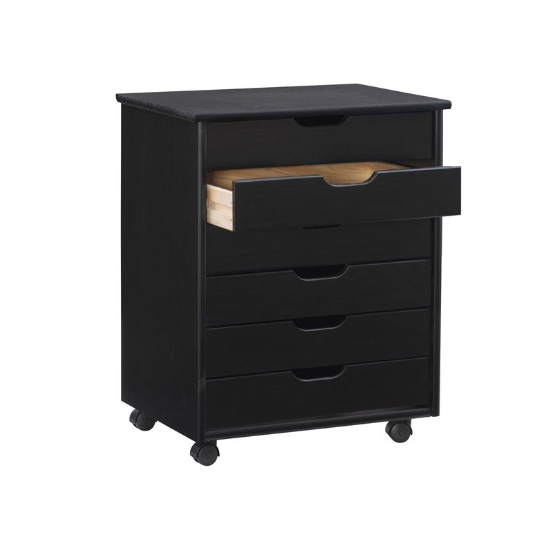Riverbay Furniture Black Six Drawer Wood Rolling Storage Cart in Black