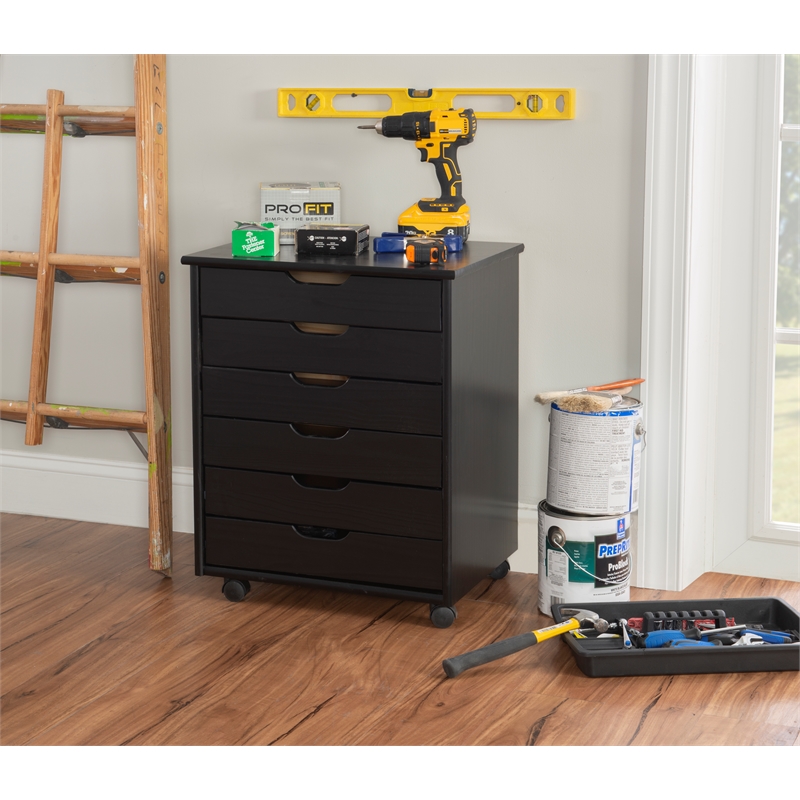 Riverbay Furniture Black Six Drawer Wood Rolling Storage Cart in Black