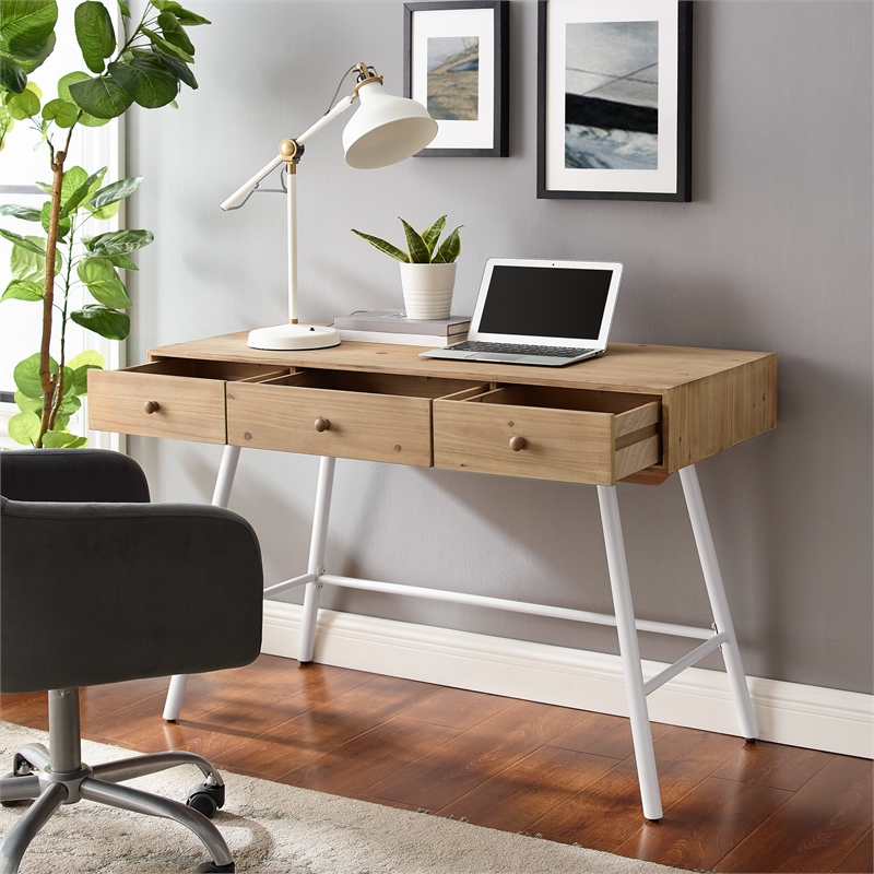 Riverbay Furniture Modern Wood and Metal Three Drawer Desk in White