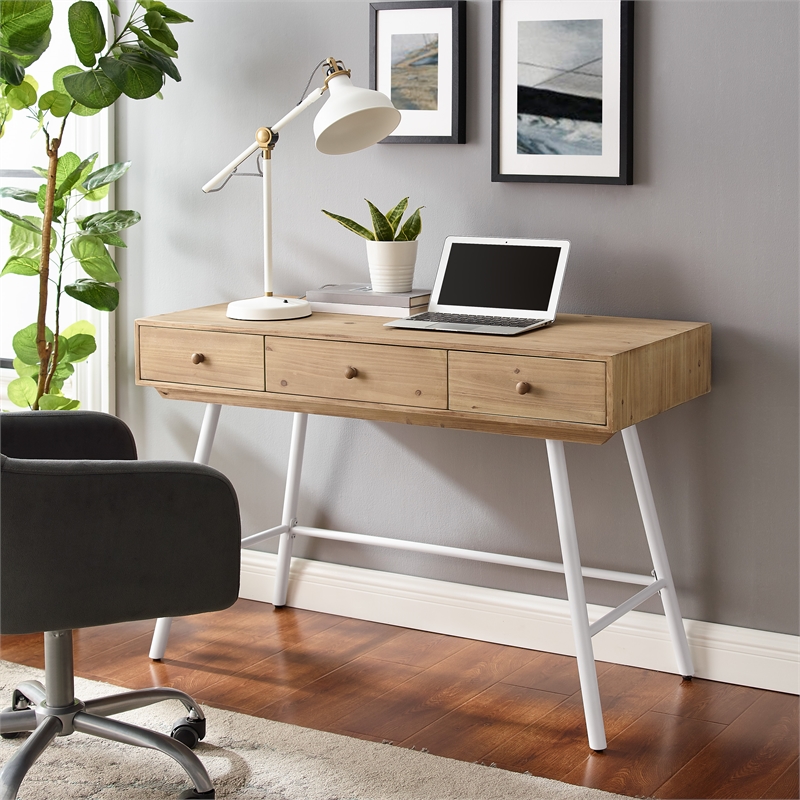 Riverbay Furniture Modern Wood and Metal Three Drawer Desk in White
