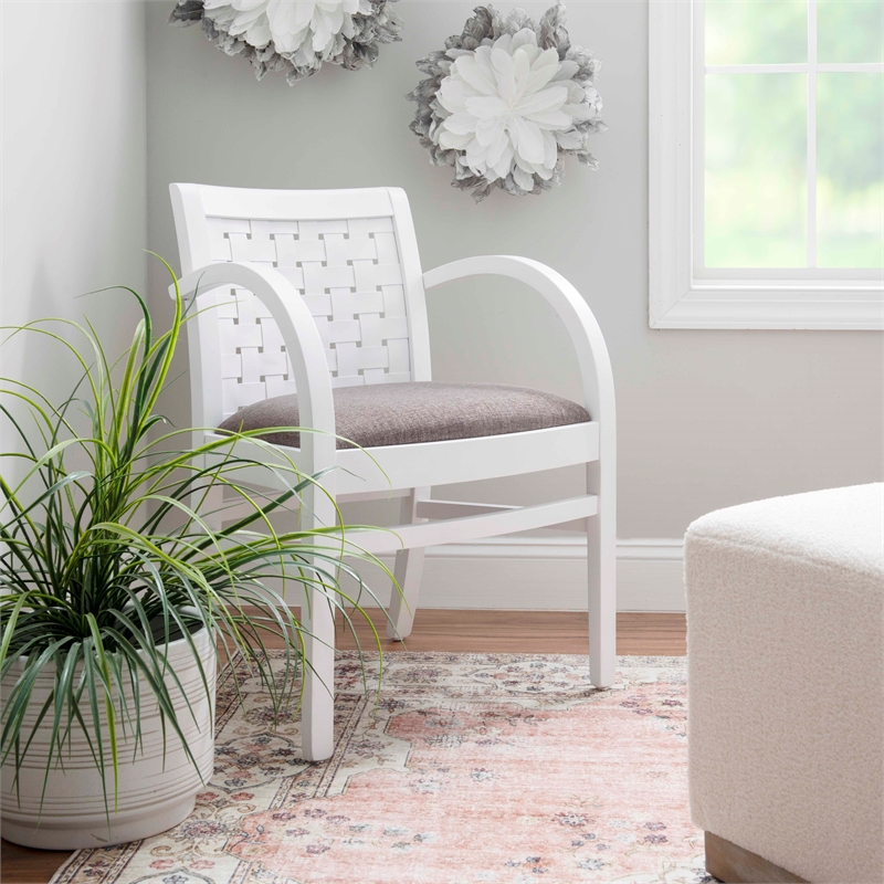 Riverbay Furniture Transitional Wood Woven Arm Chair in White