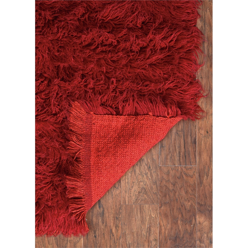 Riverbay Furniture Transitional Flokati Hand Woven Wool 5'x8' Rug in Red
