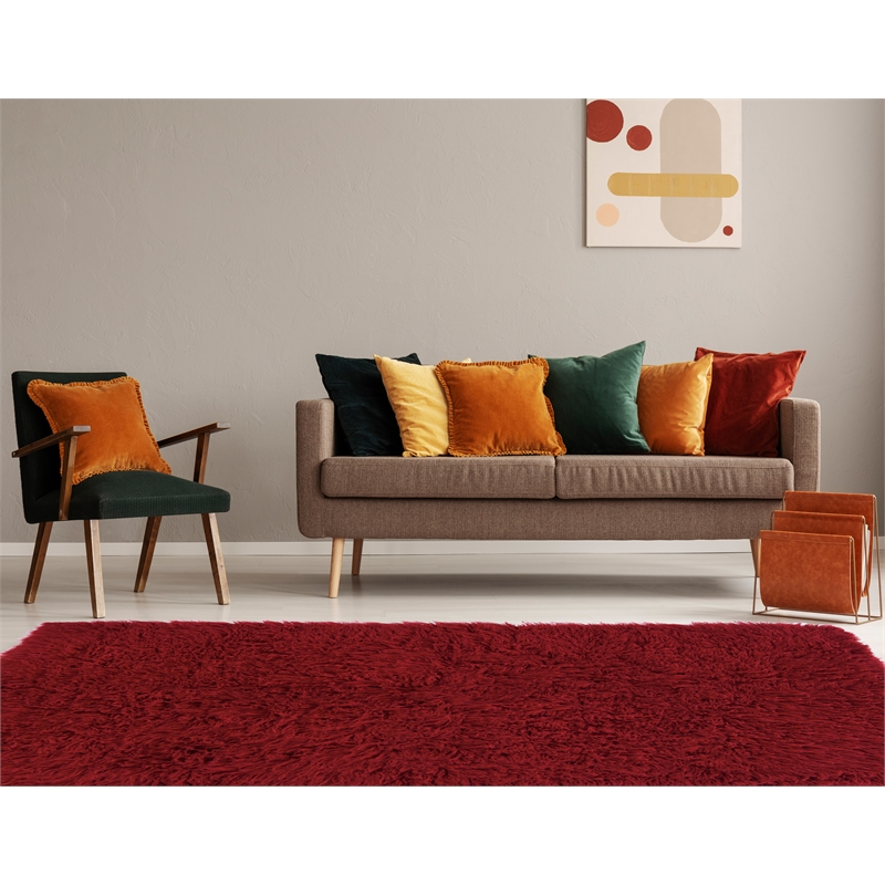 Riverbay Furniture Transitional Flokati Hand Woven Wool 8'x10' Rug in Red