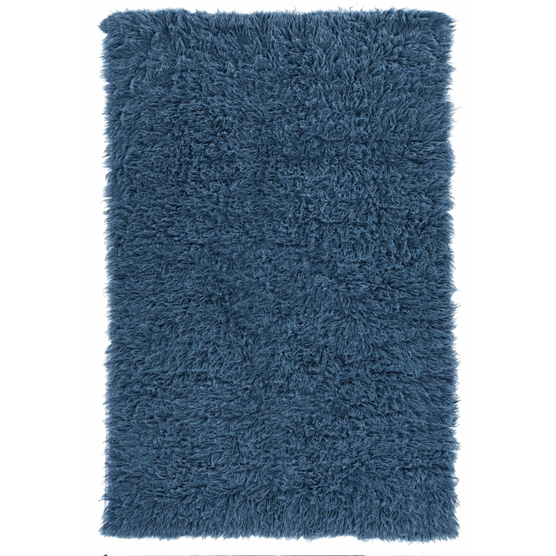 Riverbay Furniture Transitional Flokati Hand Woven Wool 5'x8' Rug in Denim Blue