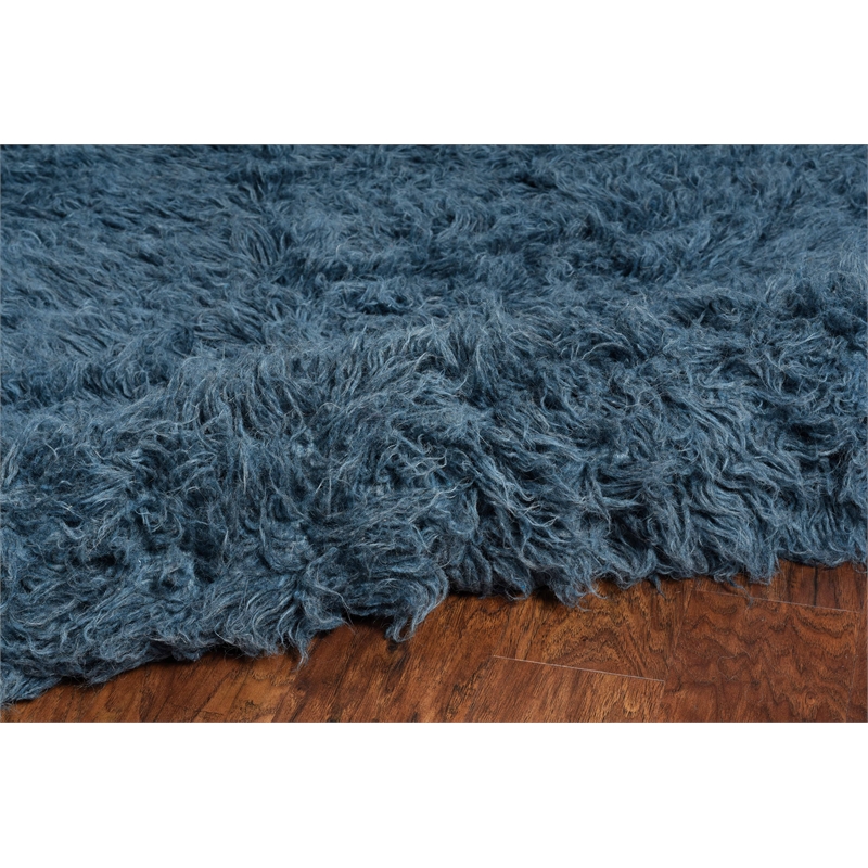 Riverbay Furniture Transitional Flokati Hand Woven Wool 8'x10' Rug in Denim Blue