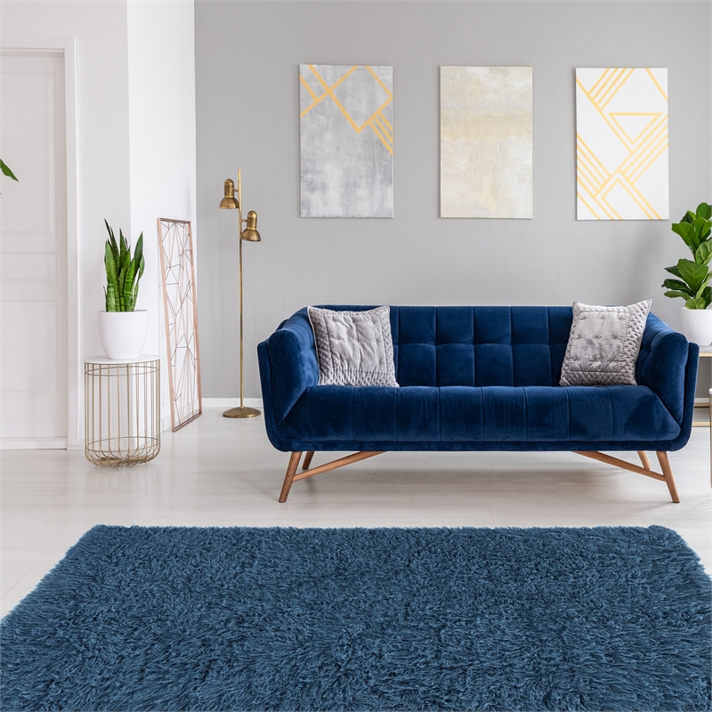 Riverbay Furniture Transitional Flokati Hand Woven Wool 8'x10' Rug in Denim Blue