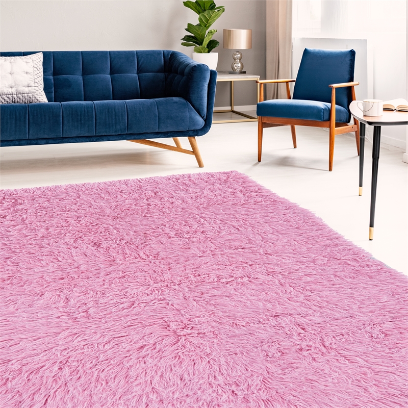 Riverbay Furniture Transitional Flokati Hand Woven Wool 5'x8' Rug in Pastel Pink