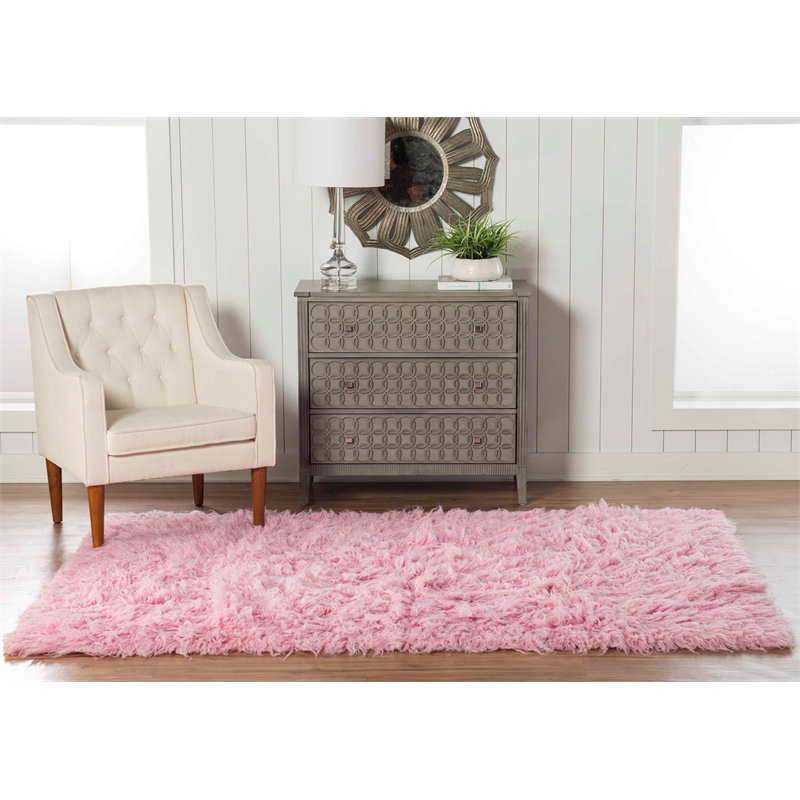 Riverbay Furniture Transitional Flokati Hand Woven Wool 5'x8' Rug in Pastel Pink