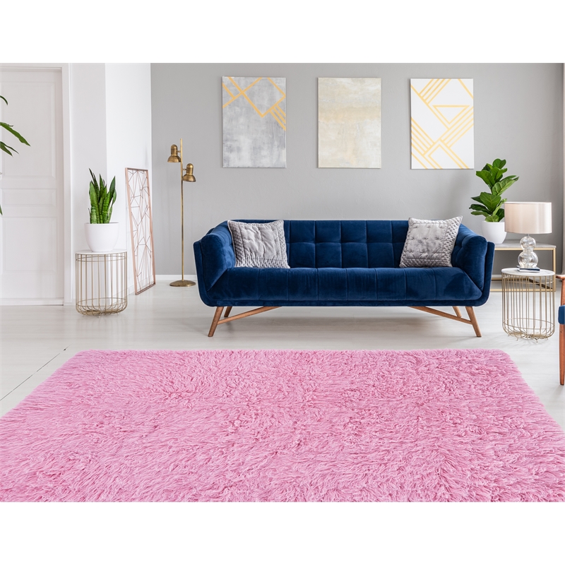 Riverbay Furniture Transitional Flokati Hand Woven Wool 8'x10' Rug in Pink